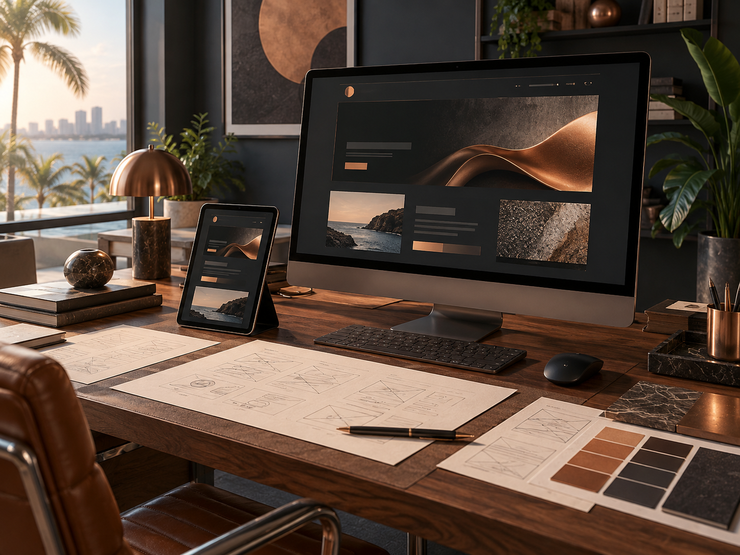 Web design workspace concept with desktop and mobile website layouts, wireframe sketches and copper color swatches